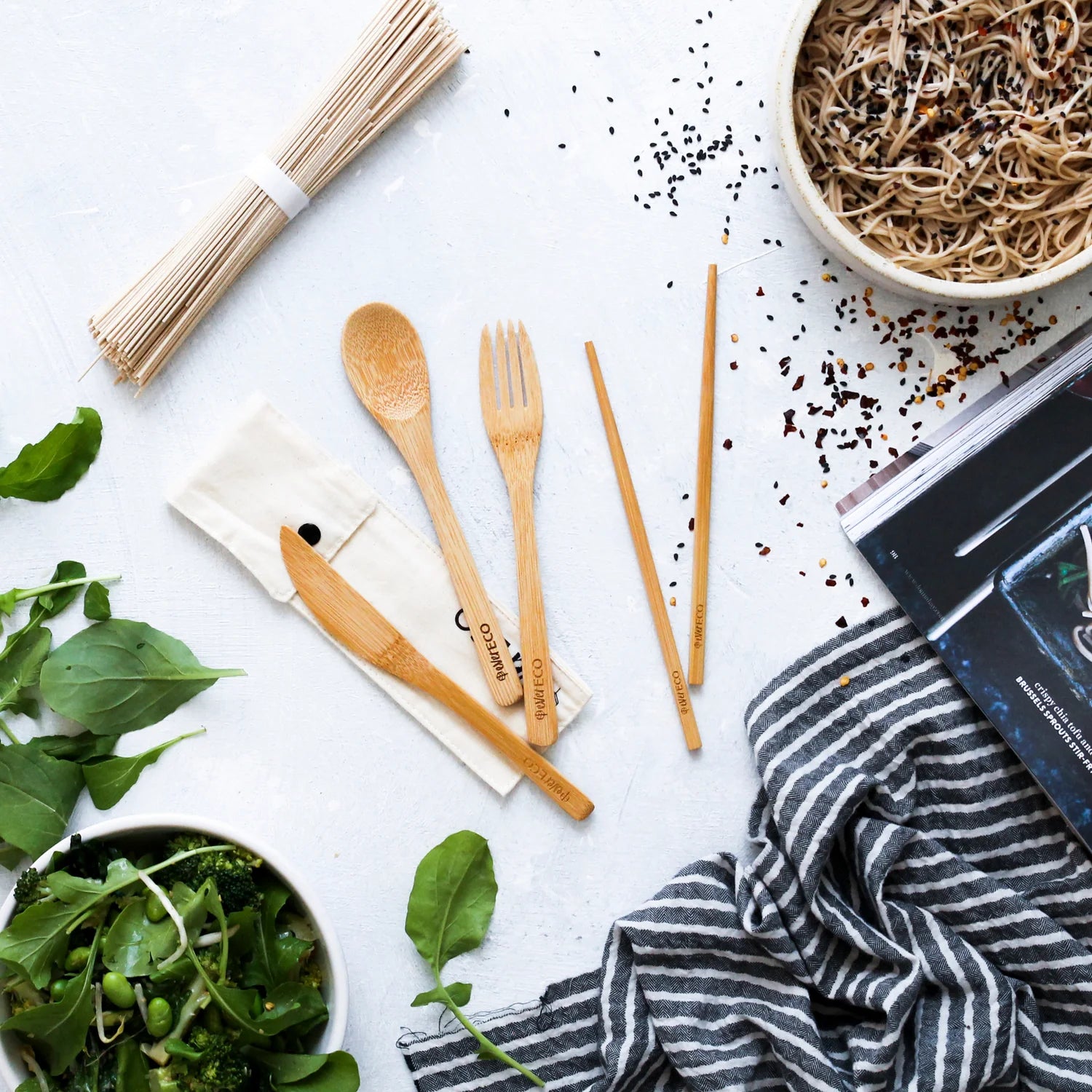 Ever Eco Bamboo Cutlery Set with Organic Cotton Travel Pouch