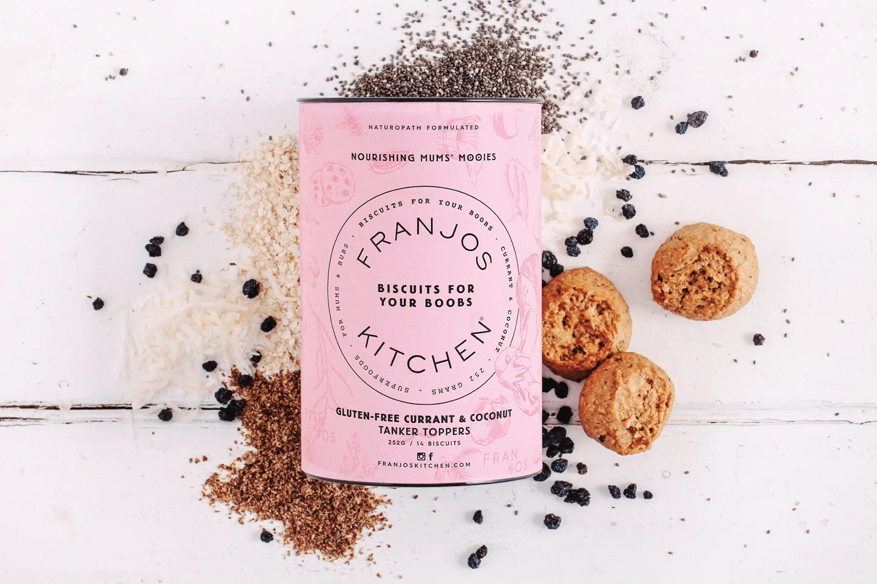 Franjos Kitchen Tanker Topper Lactation Biscuits - Currant & Coconut (Gluten Free)