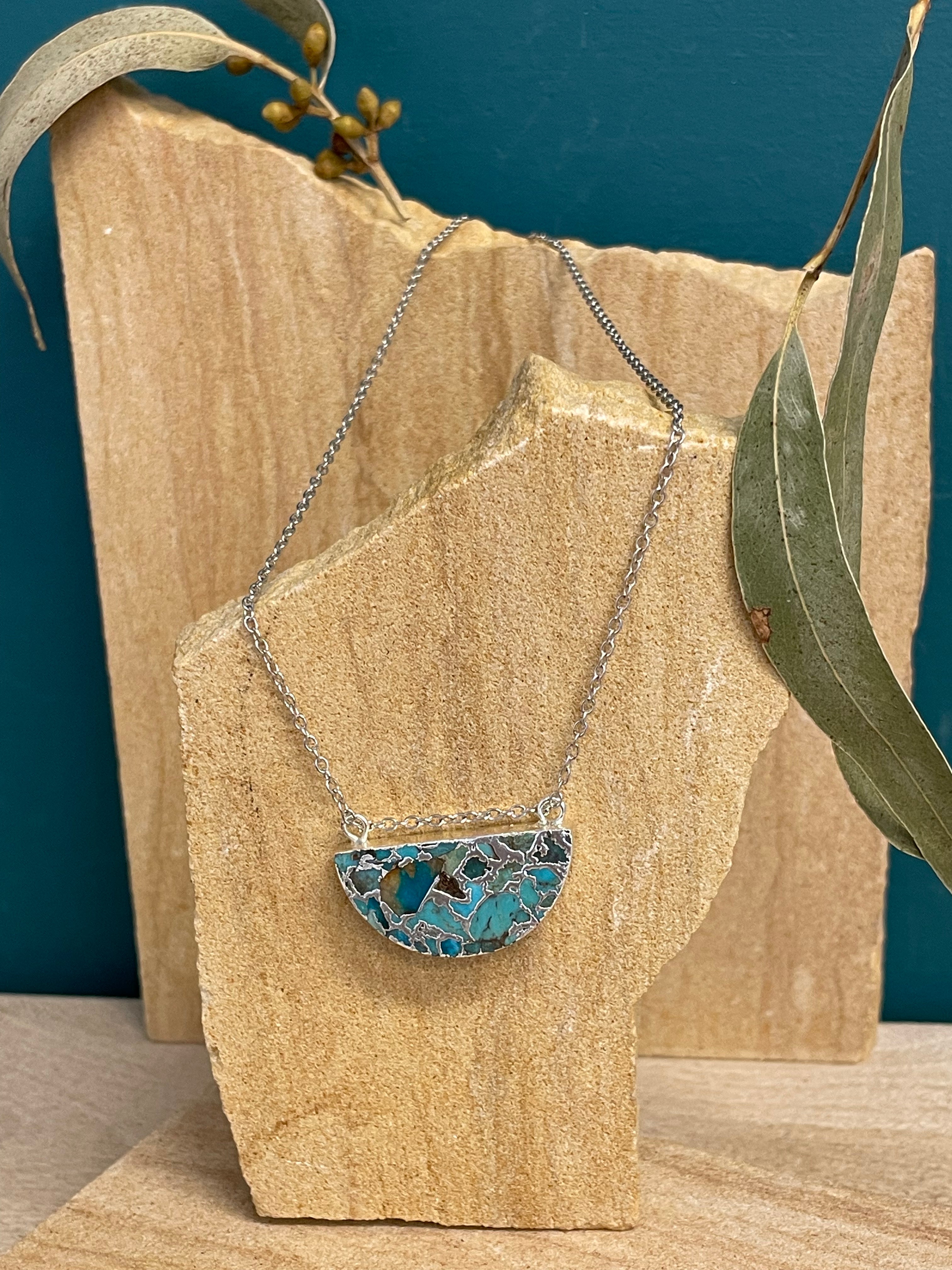 Whole Store Turquoise Half Moon Pendant with Sterling Silver Necklace