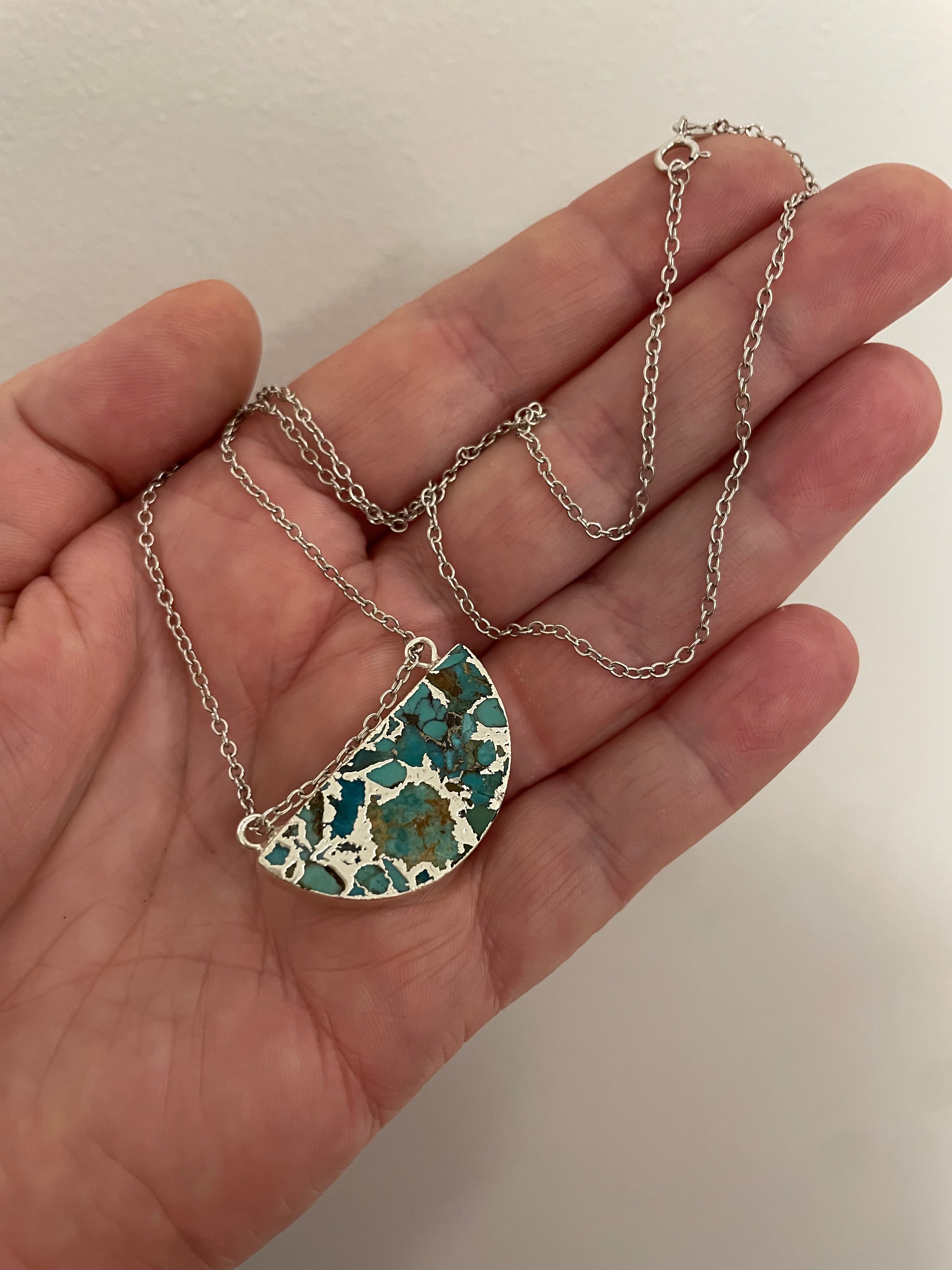 Whole Store Turquoise Half Moon Pendant with Sterling Silver Necklace
