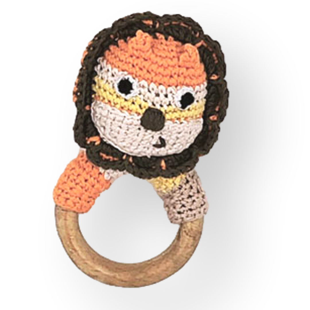 Pebble Organic Wooden Ring Rattle - Lion