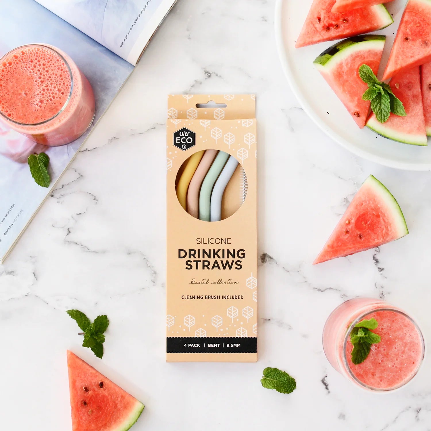 Ever Eco Reusable Silicone Smoothie Straws with Cleaner - 4 pack